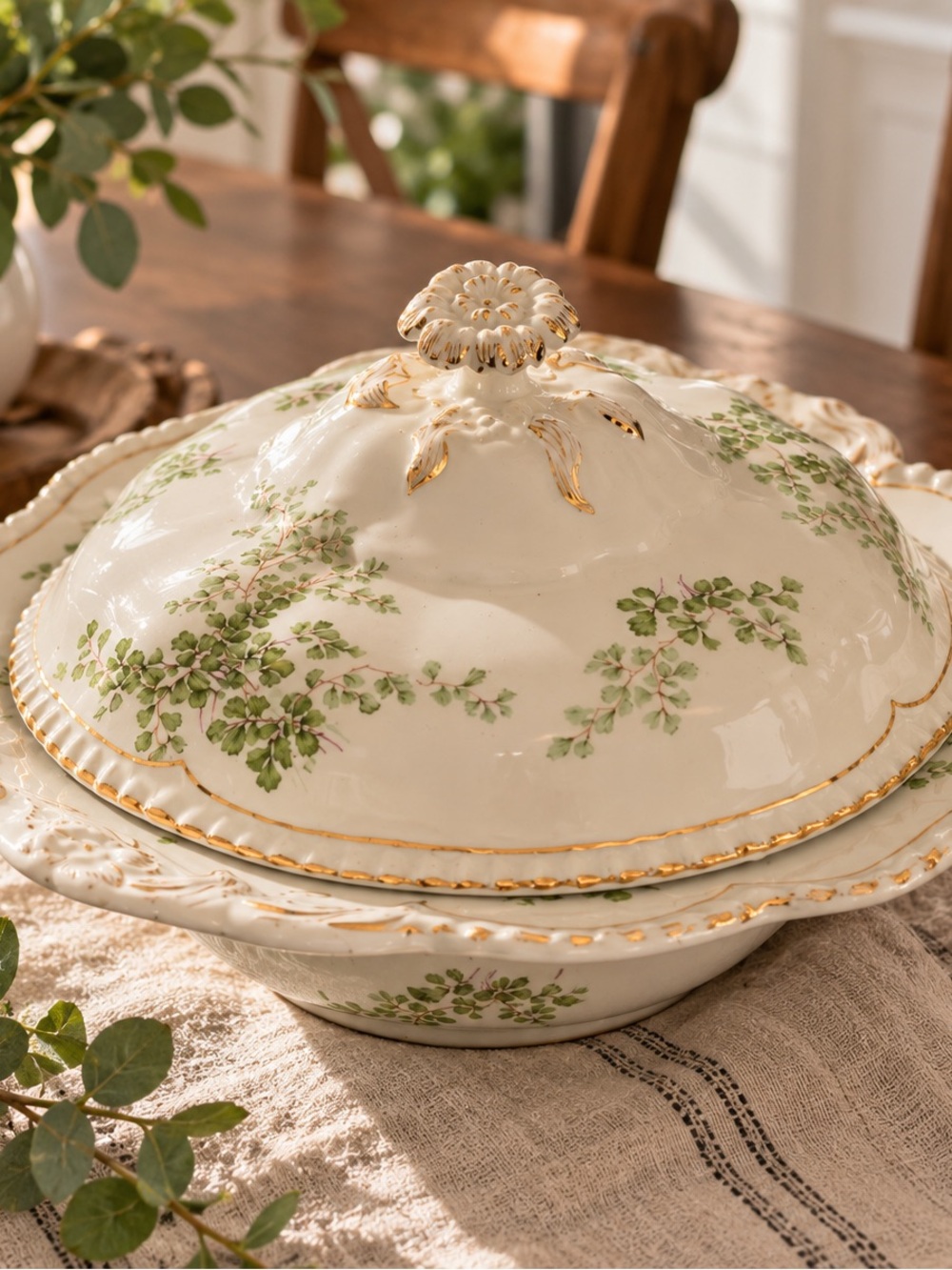 John Maddock & Sons England covered vegetable tureen green floral and gold dish